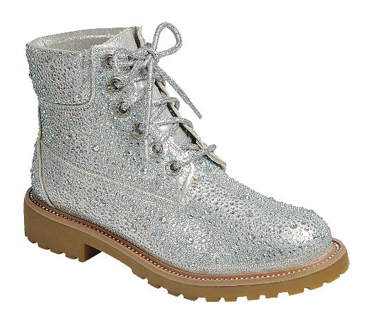 Rhinestone Lace-Up Work Boot (SILVER)
