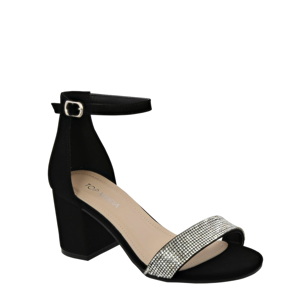 Ankle Strap Rhinestone Low Heel Sandal (BLACK)