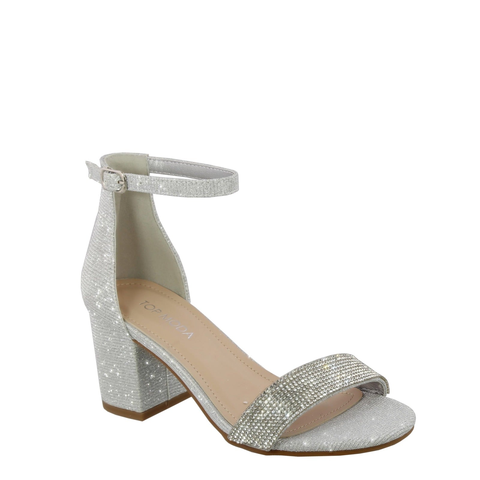 Ankle Strap Rhinestone Low Heel Sandal (SILV/GLT)