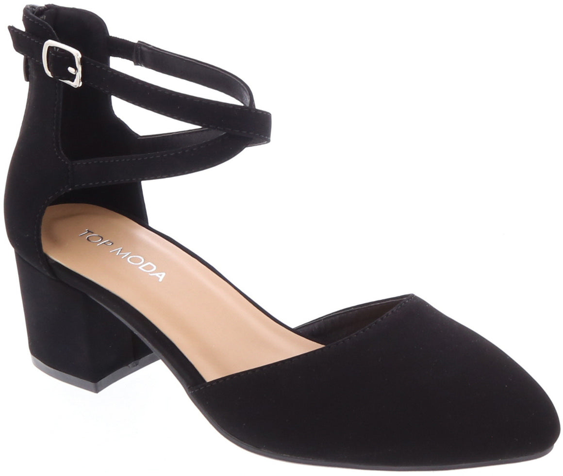 Low Heel Cross Ankle Strap Pump (BLACK)