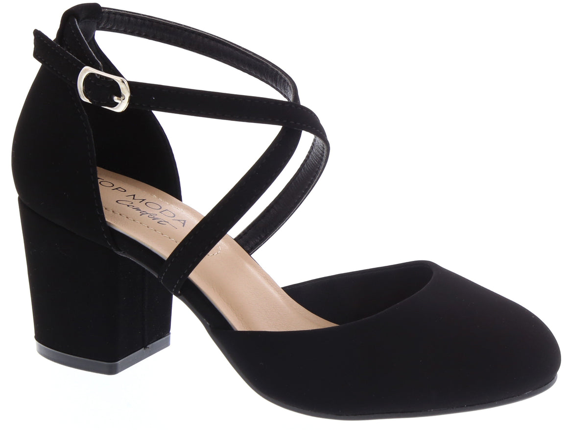 Cross Strap Low Heel Pump (BLACK)