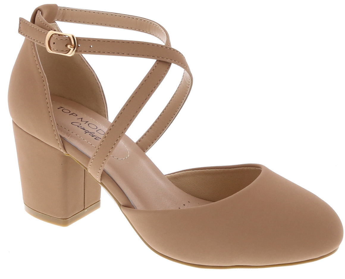 Cross Strap Low Heel Pump (TAN)