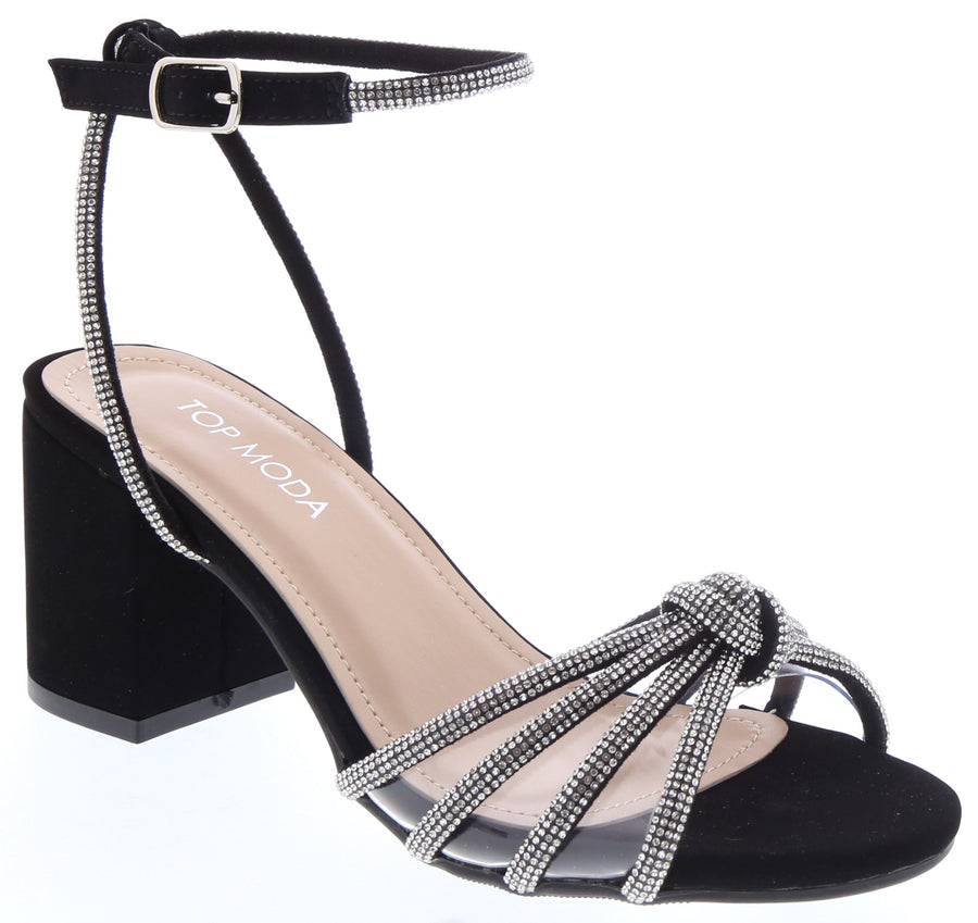 Knotted Rhinestone Straps Dress Sandal (BLACK)