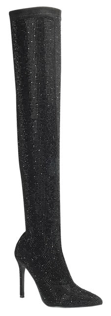 Rhinestone Thigh High Heel Boot (BLACK)