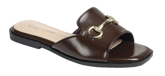 Metal Buckle Accent Slip-On Mule Sandal (COFFEE)