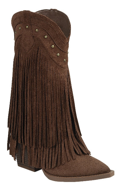 Fringe Studded Suede Western Boot (BROWN)