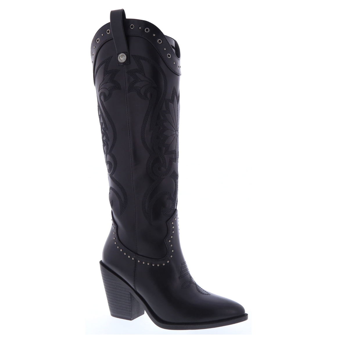 Studded Embroidered Knee-High Western Boot (BLACK)