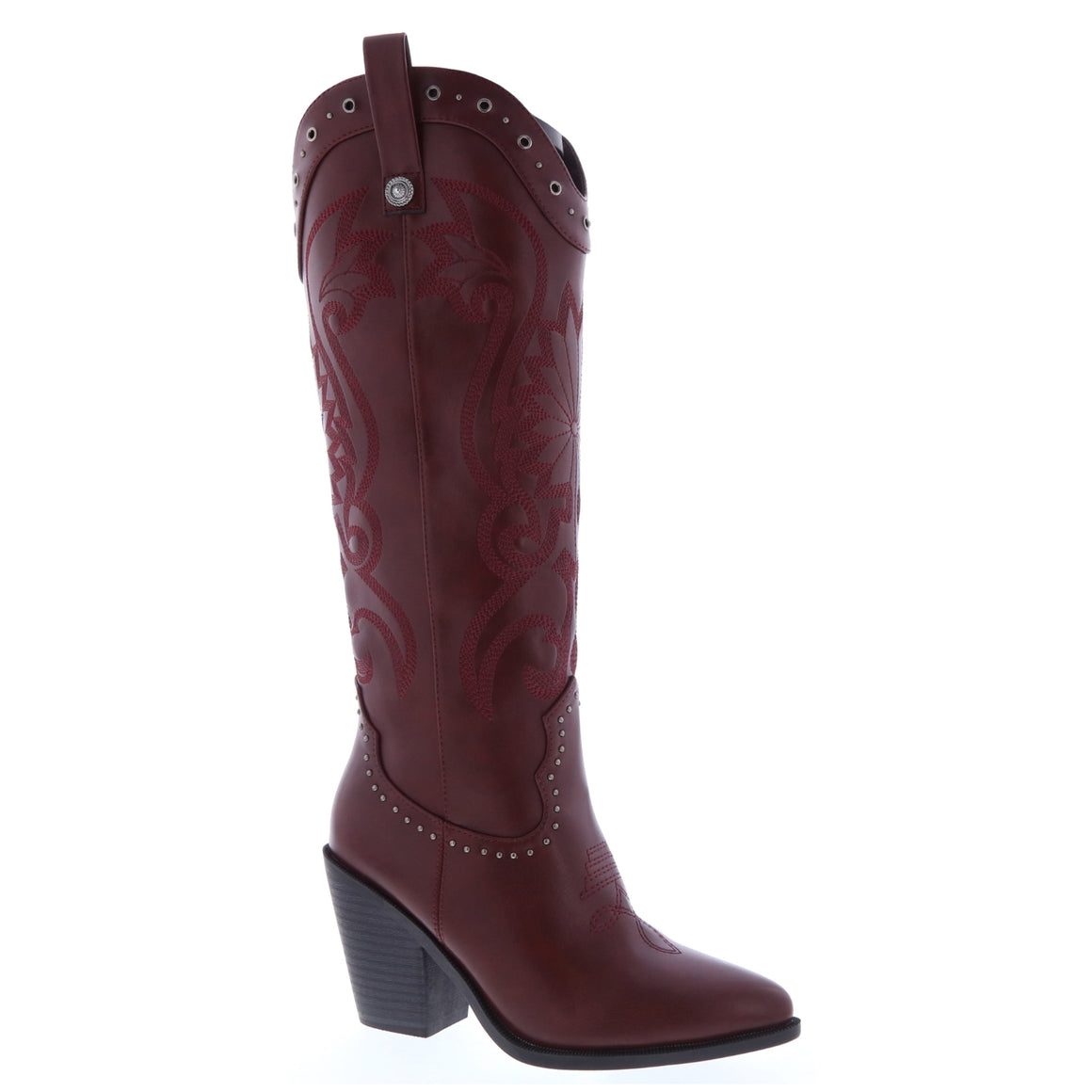 Studded Embroidered Knee-High Western Boot (WINE)