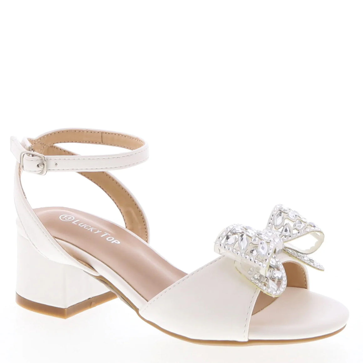 Gemstone Bow Kids Block Heel Dress Shoe (WHITE)