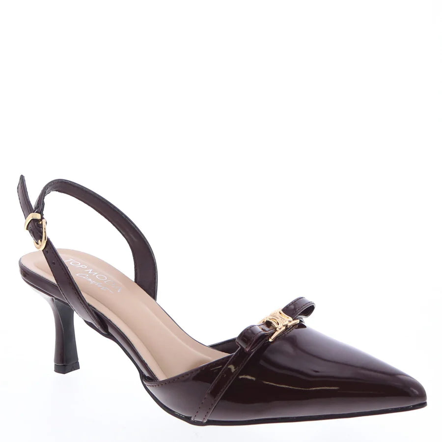 Bow Strap Buckled Slingback Dress Pump (BROWN PATENT)