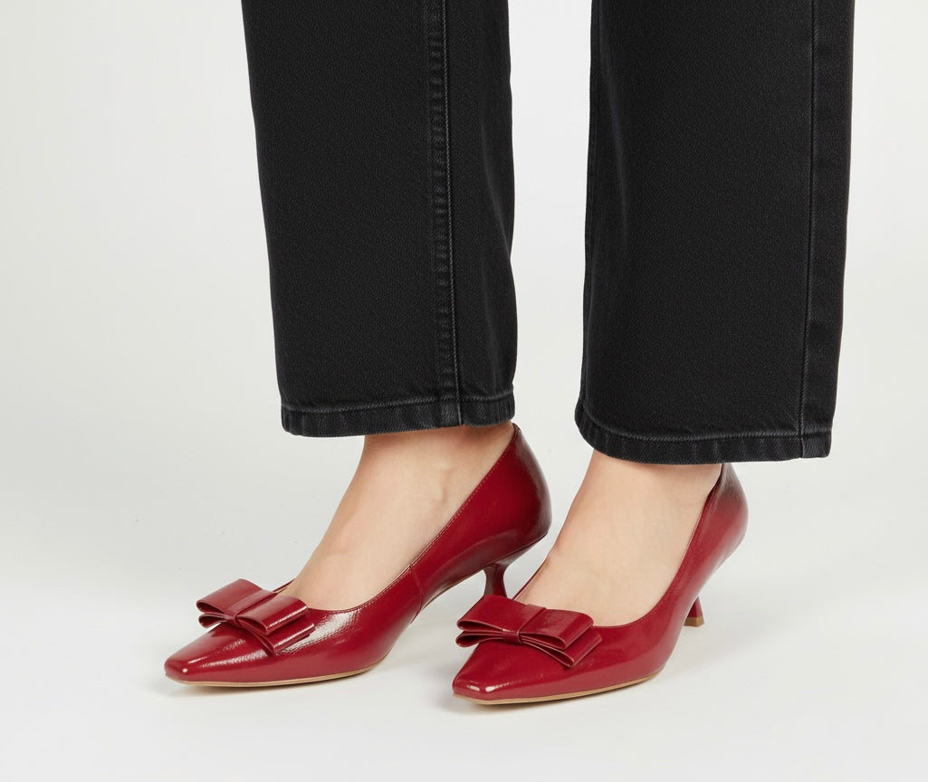 Patent Bow Kitten Heel Pointed Pump (WINE)