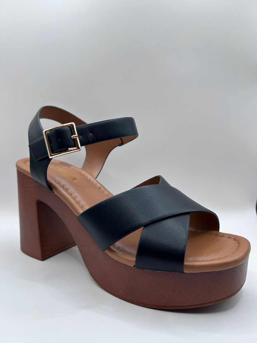 Cross Strap Wooden Platform Dress Sandal (BLACK)