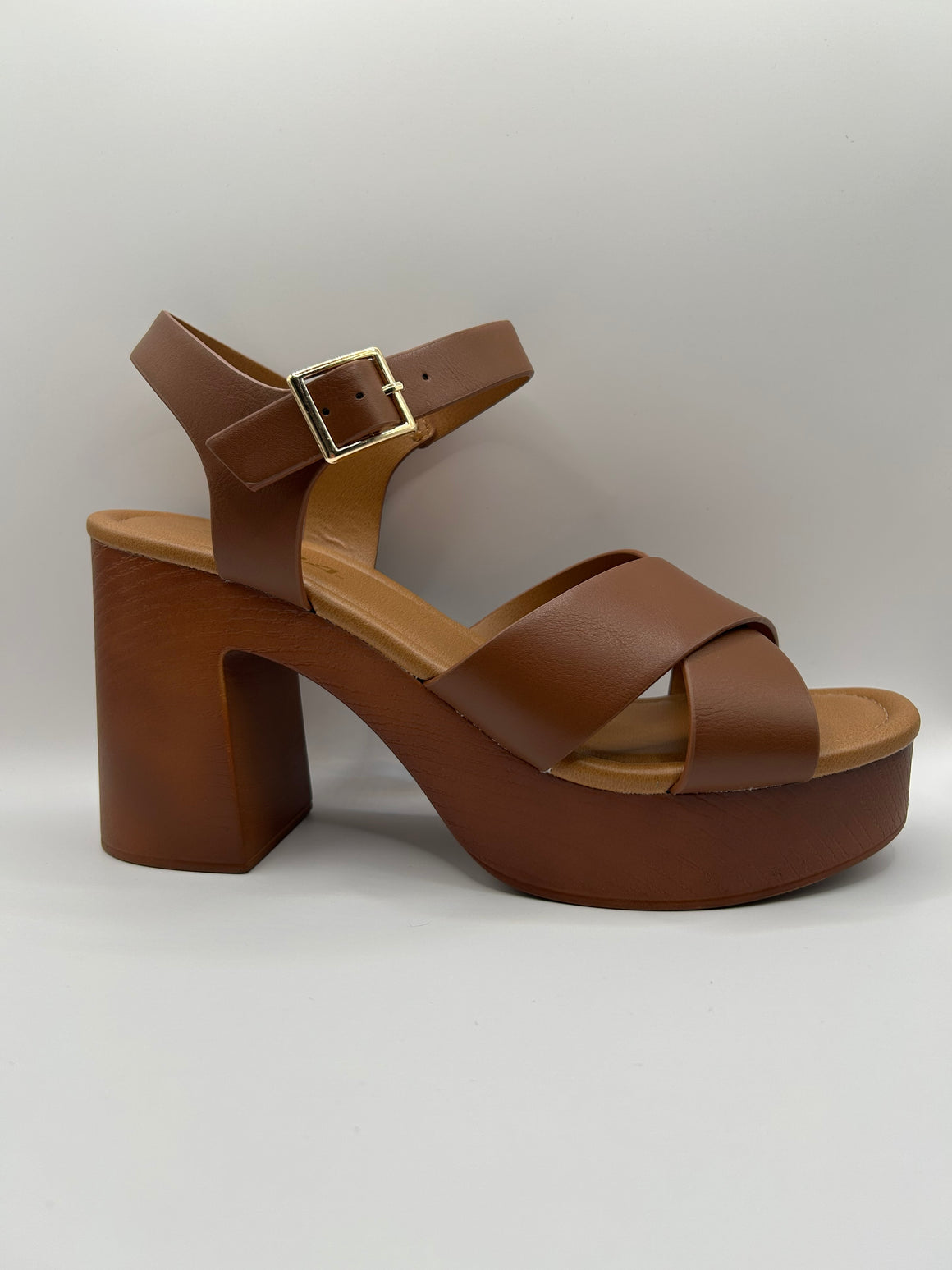 Cross Strap Wooden Platform Dress Sandal (TAN)