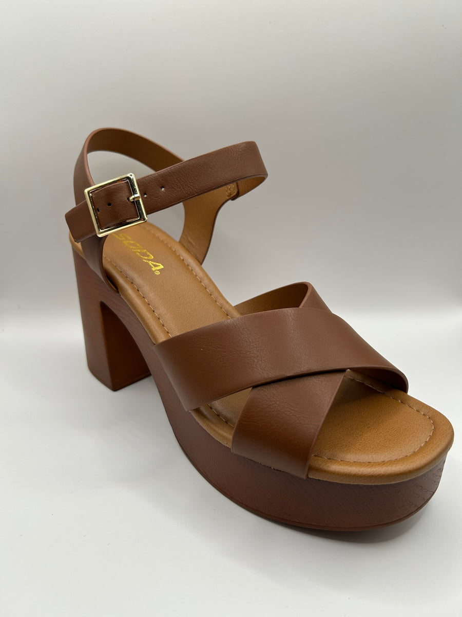 Cross Strap Wooden Platform Dress Sandal (TAN)