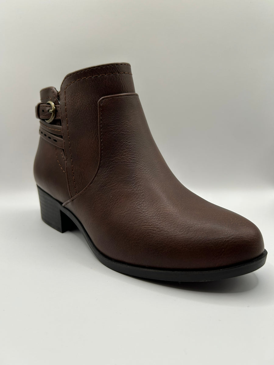 Side Buckle Strap Accent Chelsea Bootie (BROWN)