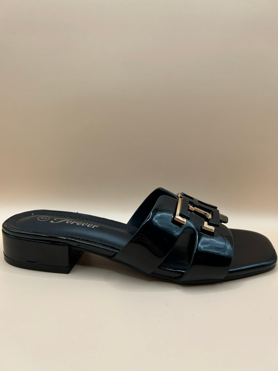 H-Buckle Low Heel Dress Sandal (BLACK)