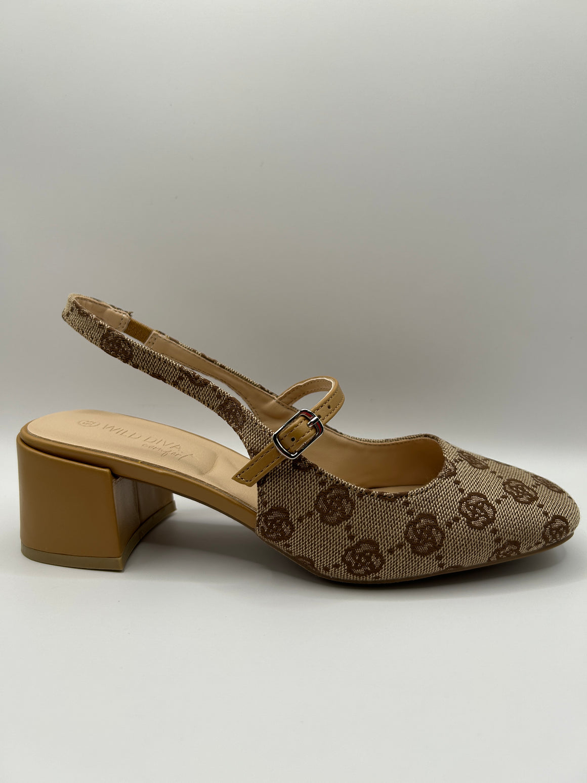 Slim Buckle Slingback Square Toe Pump (TAN)