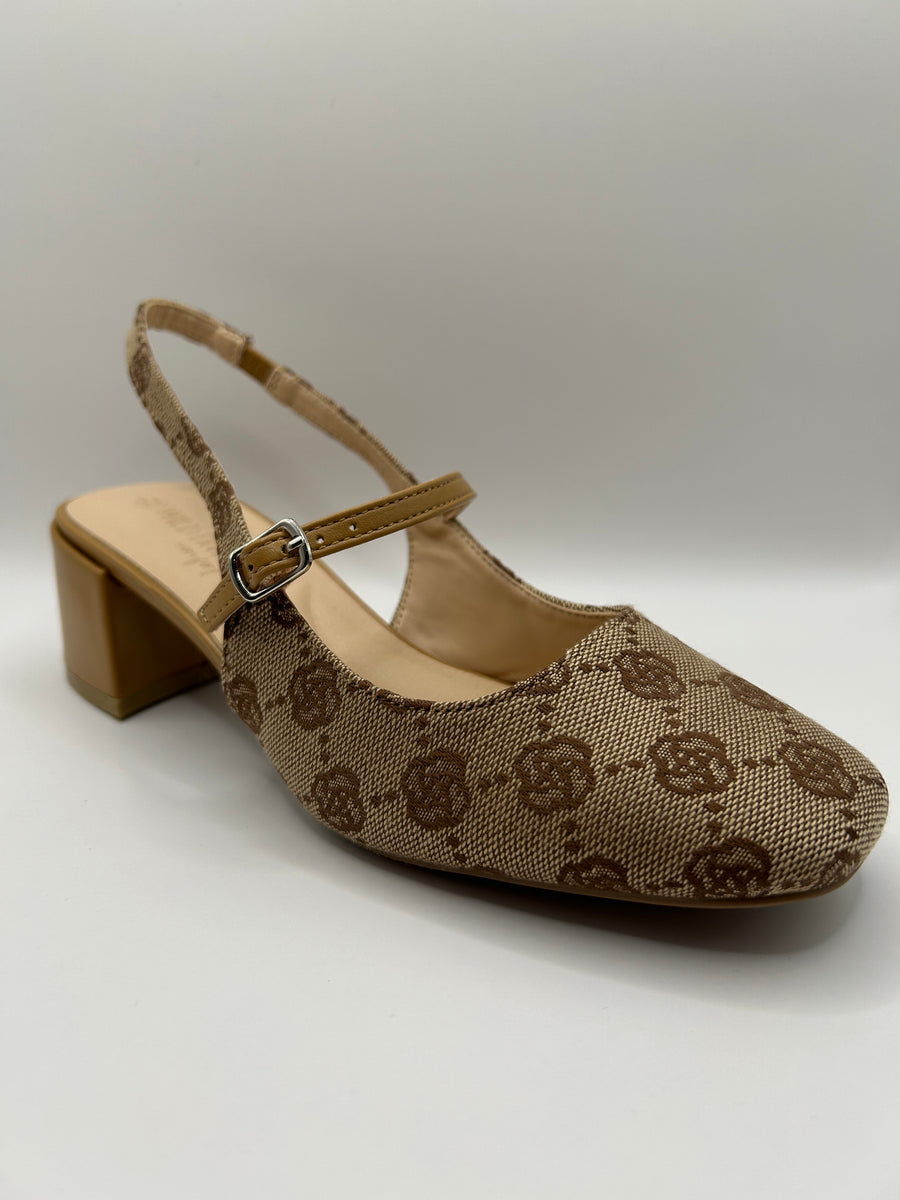 Slim Buckle Slingback Square Toe Pump (TAN)
