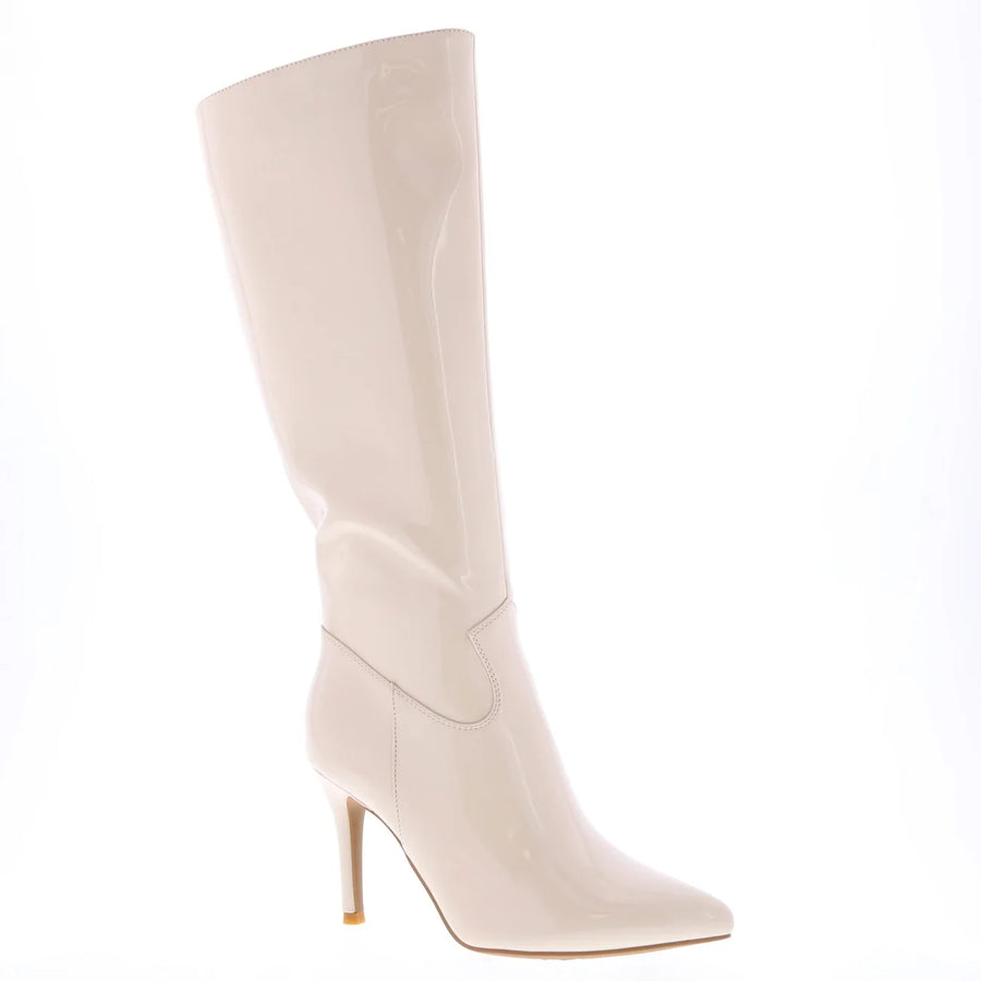 Patent Leather Knee-High Slim Heel Dress Boot (IVORY)