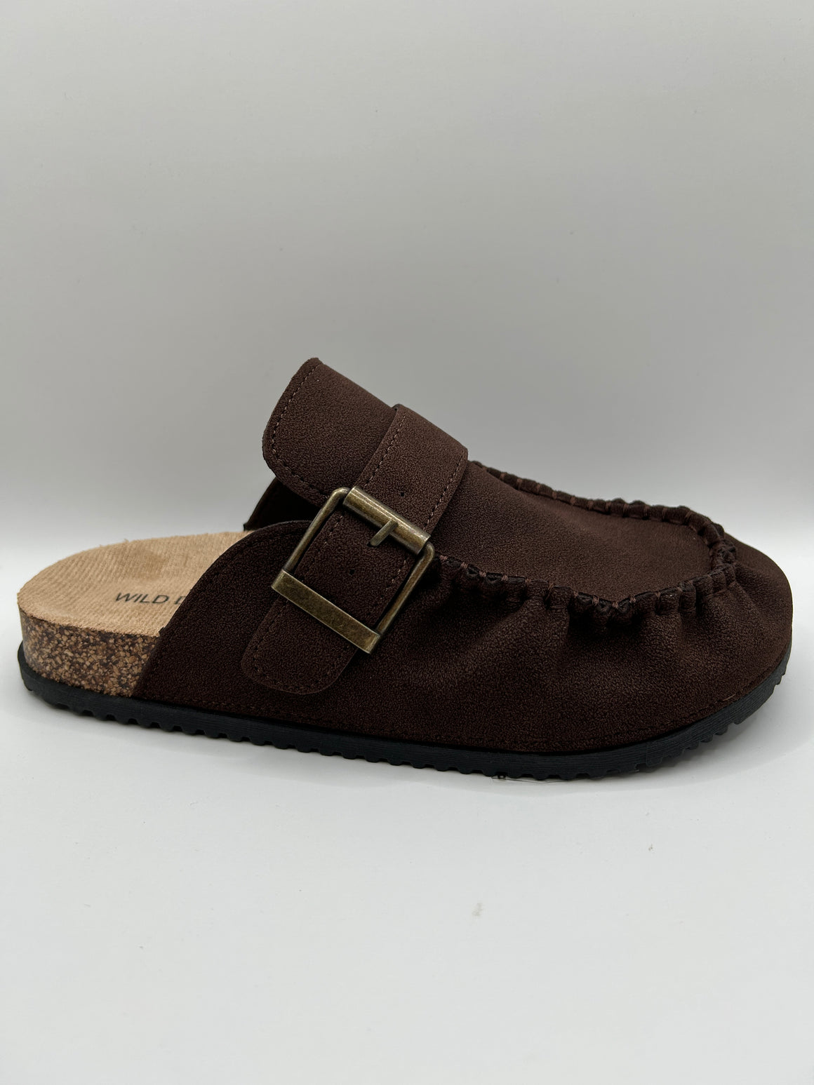 Raw Seam Side Buckle Clog Flat (BROWN)