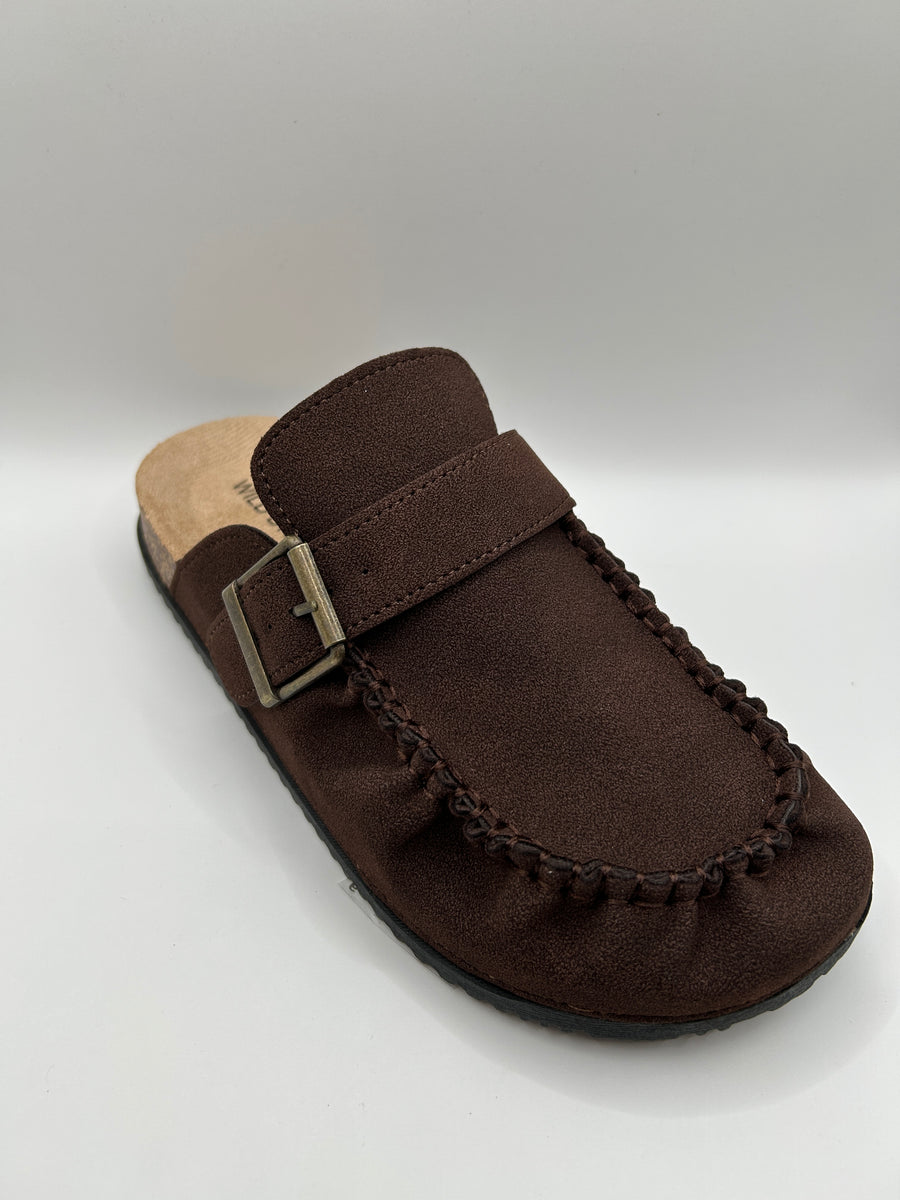 Raw Seam Side Buckle Clog Flat (BROWN)
