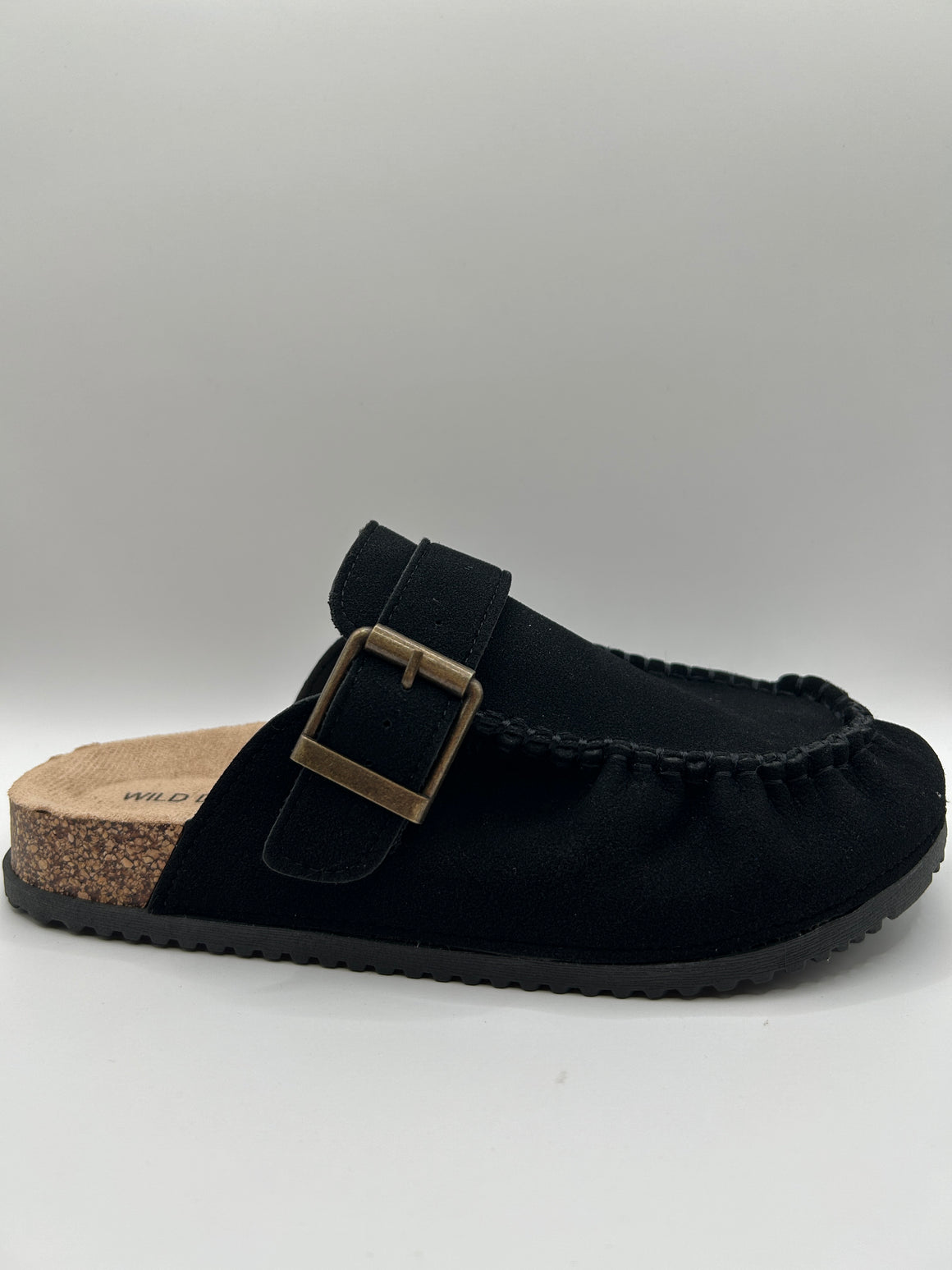 Raw Seam Side Buckle Clog Flat (BLACK)