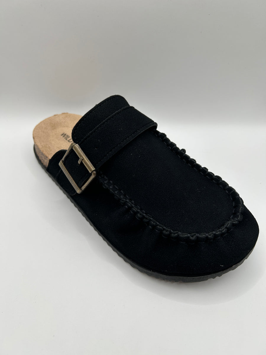 Raw Seam Side Buckle Clog Flat (BLACK)