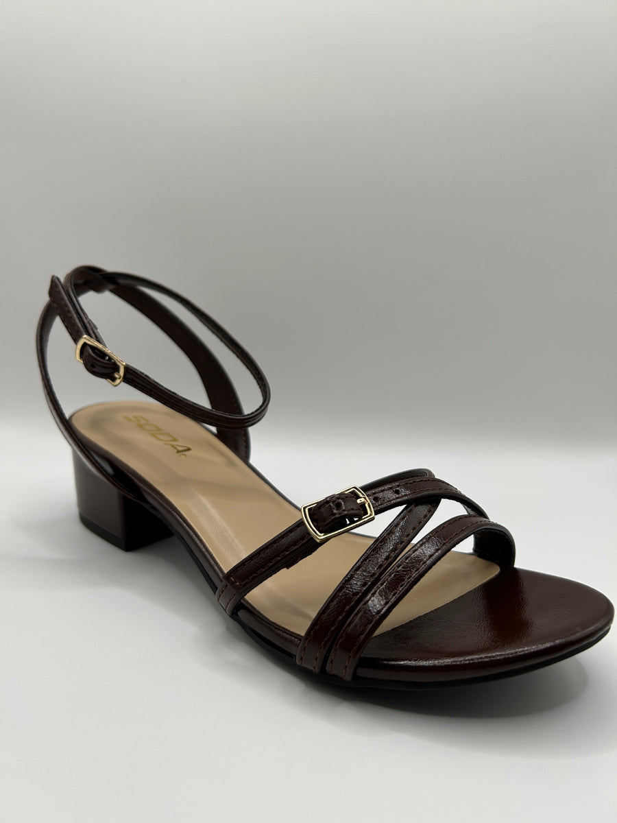 2Slim Buckle Strappy Block Heel Sandal (BROWN)