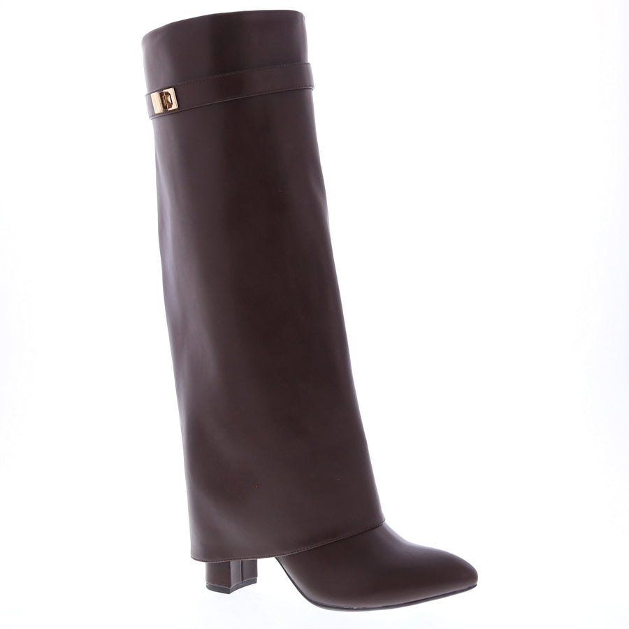Turn Lock Strap Fold Over Dress Boot (BROWN)