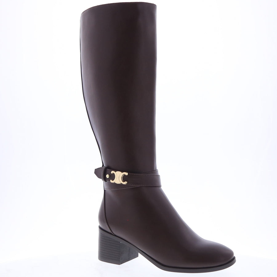 Double C Strap Block Heel Dress Boot (BROWN)