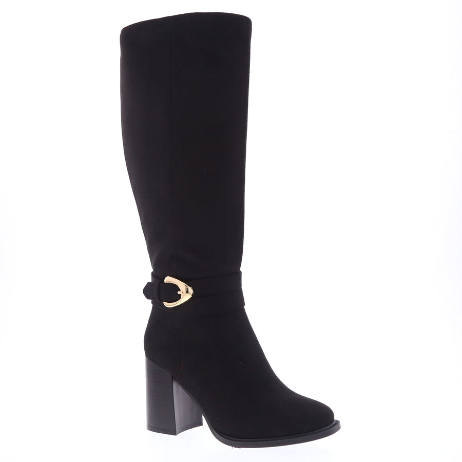 Ankle Buckle Suede Knee High Dress Boot (BLACK)
