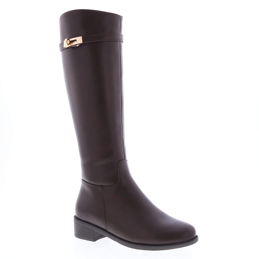 Turn Lock Strap Knee High Boot (BROWN)