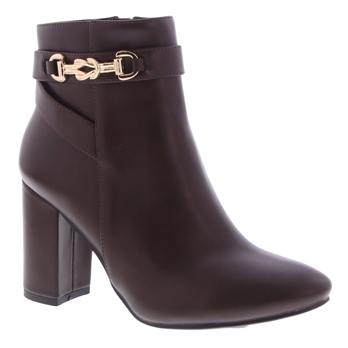 Knotted Buckle Ankle Heel Bootie (BROWN)