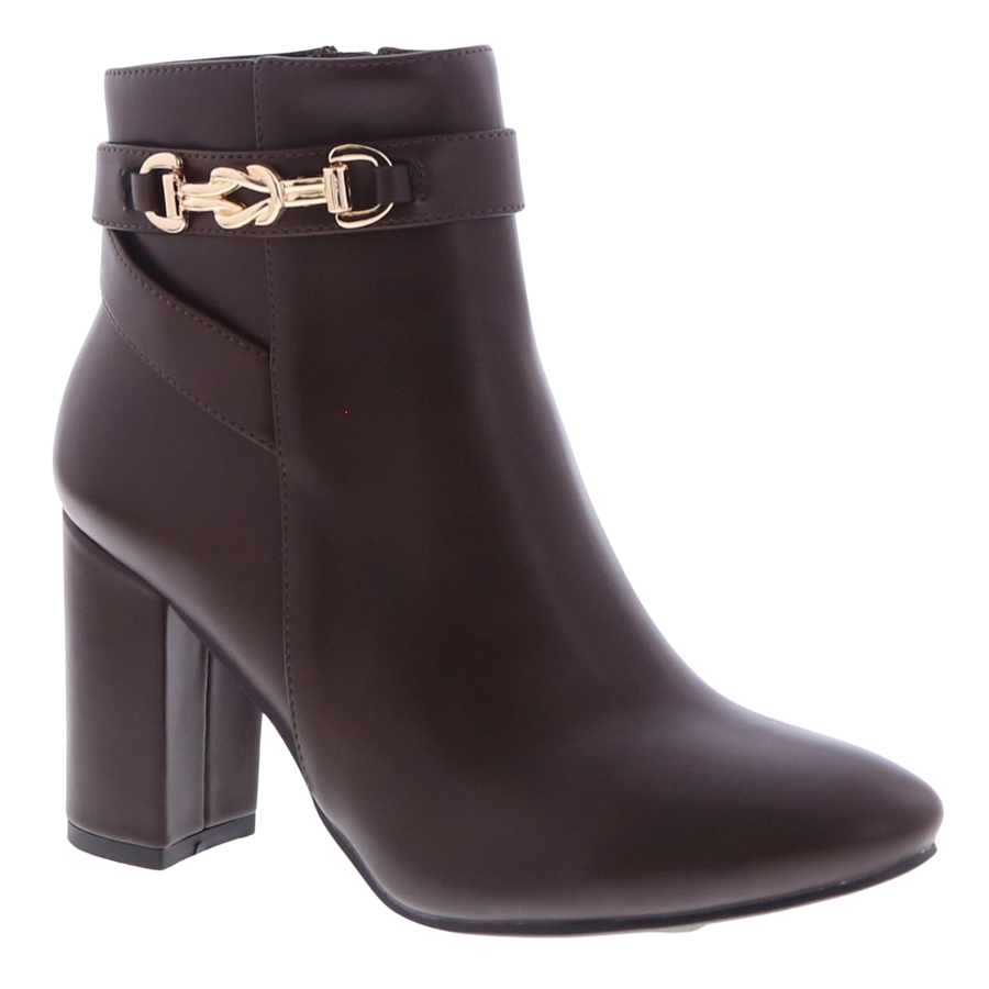 Knotted Buckle Ankle Heel Bootie (BROWN)