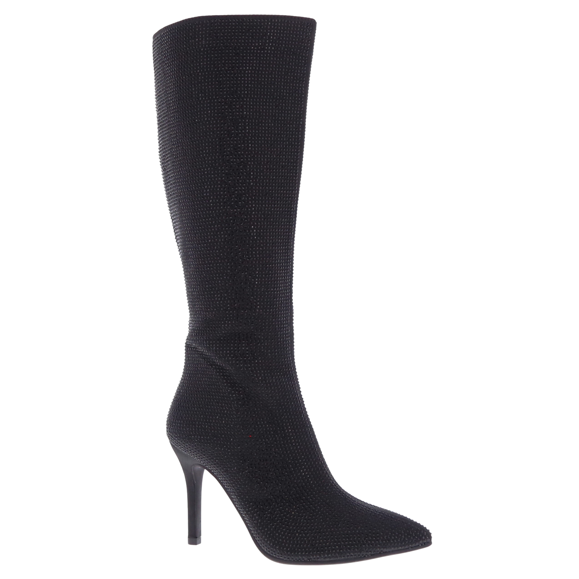 Rhinestone Knee High Stiletto Dress Boot (BLACK SATIN)