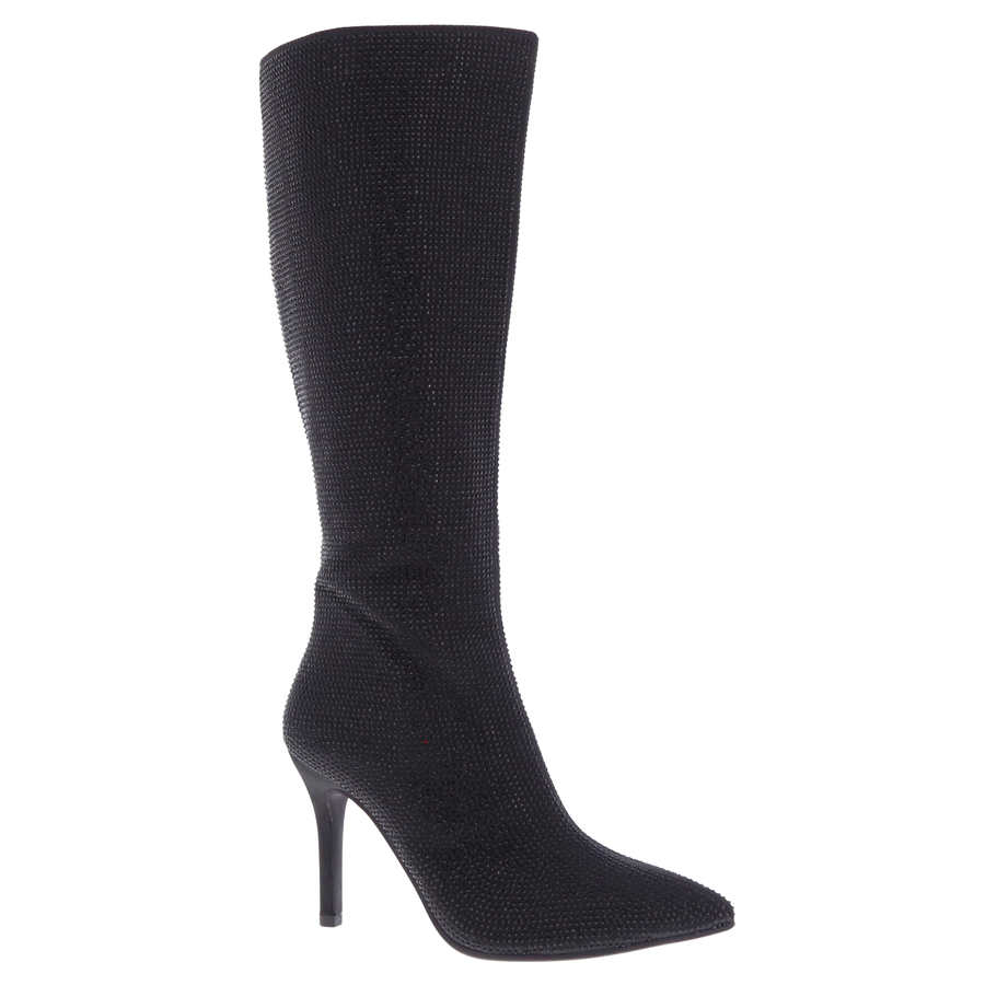 Rhinestone Knee High Stiletto Dress Boot (BLACK SATIN)