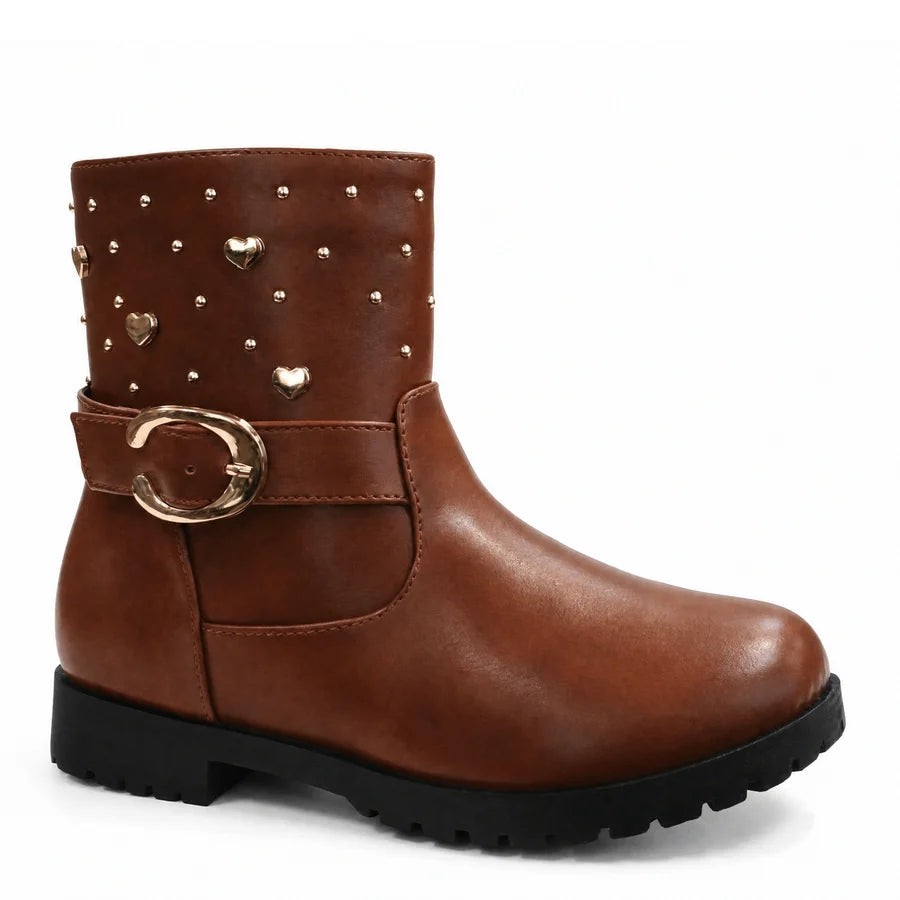 Heart Studded Kids Ankle Boot (TAN)