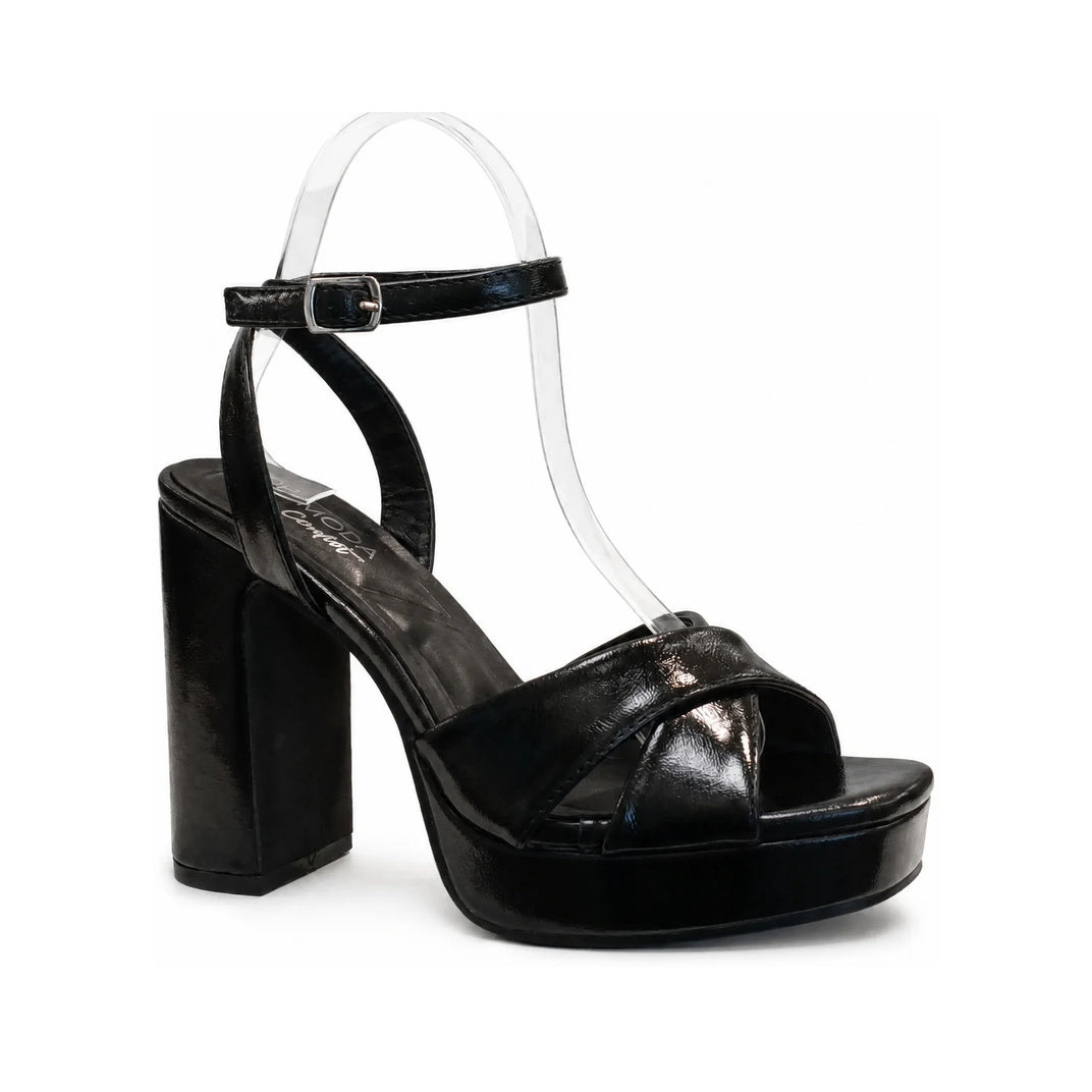 Glossy Cross Strap Platform Block Heel Sandal (BLACK)