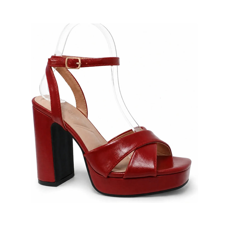 Glossy Cross Strap Platform Block Heel Sandal (RED)