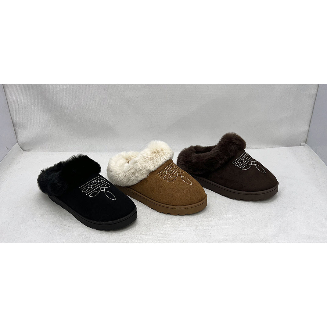 Rhinestone Accent Plush Trim Mule Slipper (CHESTNUT)