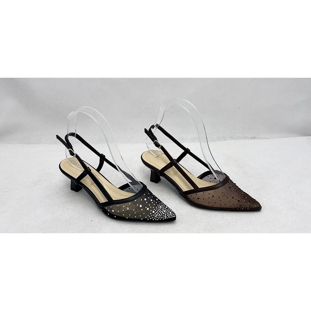 Rhinestone Mesh Slingback Kitten Heel Pump (BROWN)