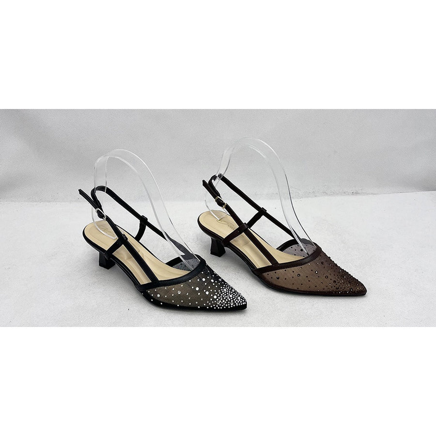 Rhinestone Mesh Slingback Kitten Heel Pump (BROWN)