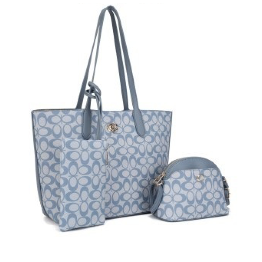 "C" Pattern Tote w/Pouch & Crossbody Bag Set (BLUE GREY)