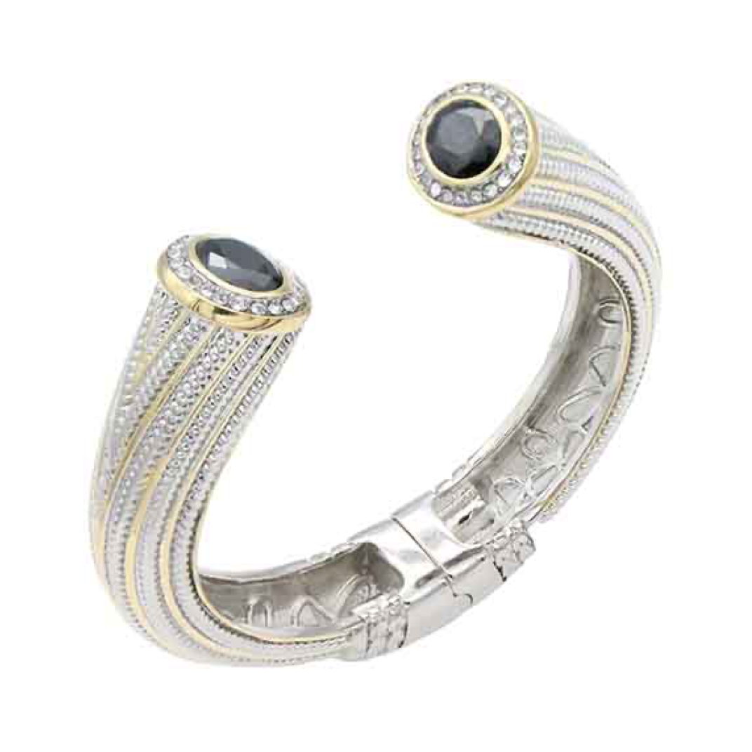 14k Gold Plated 2-Tone With Black Stone Cuff Bracelets