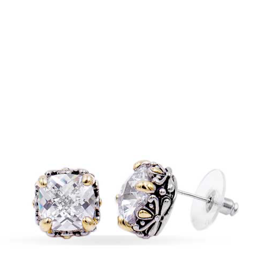 2-Tones with Clear Cubic Zirconia Earrings