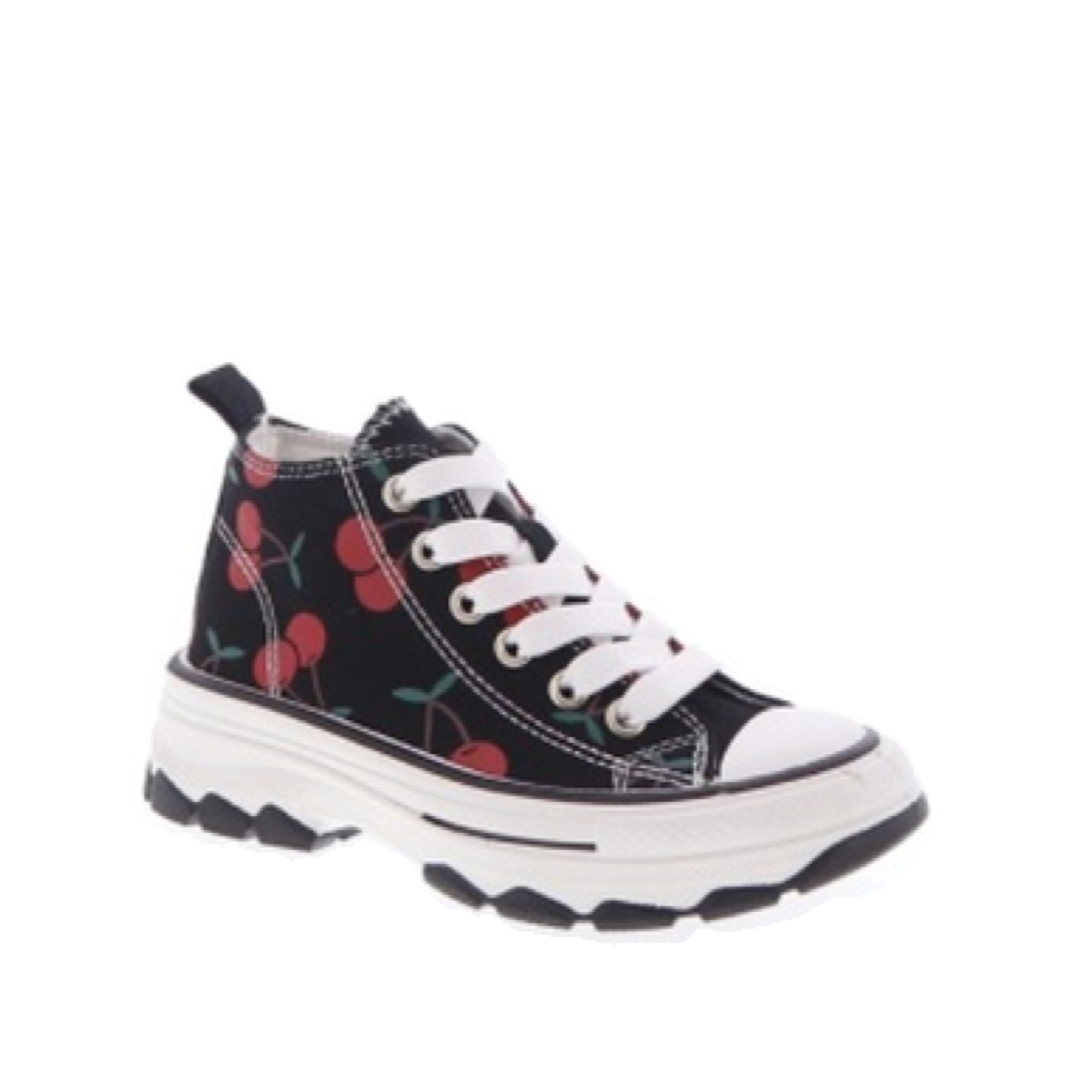 Pattern Canvas Lace Up Kids Sporty Sneaker (BLACK)