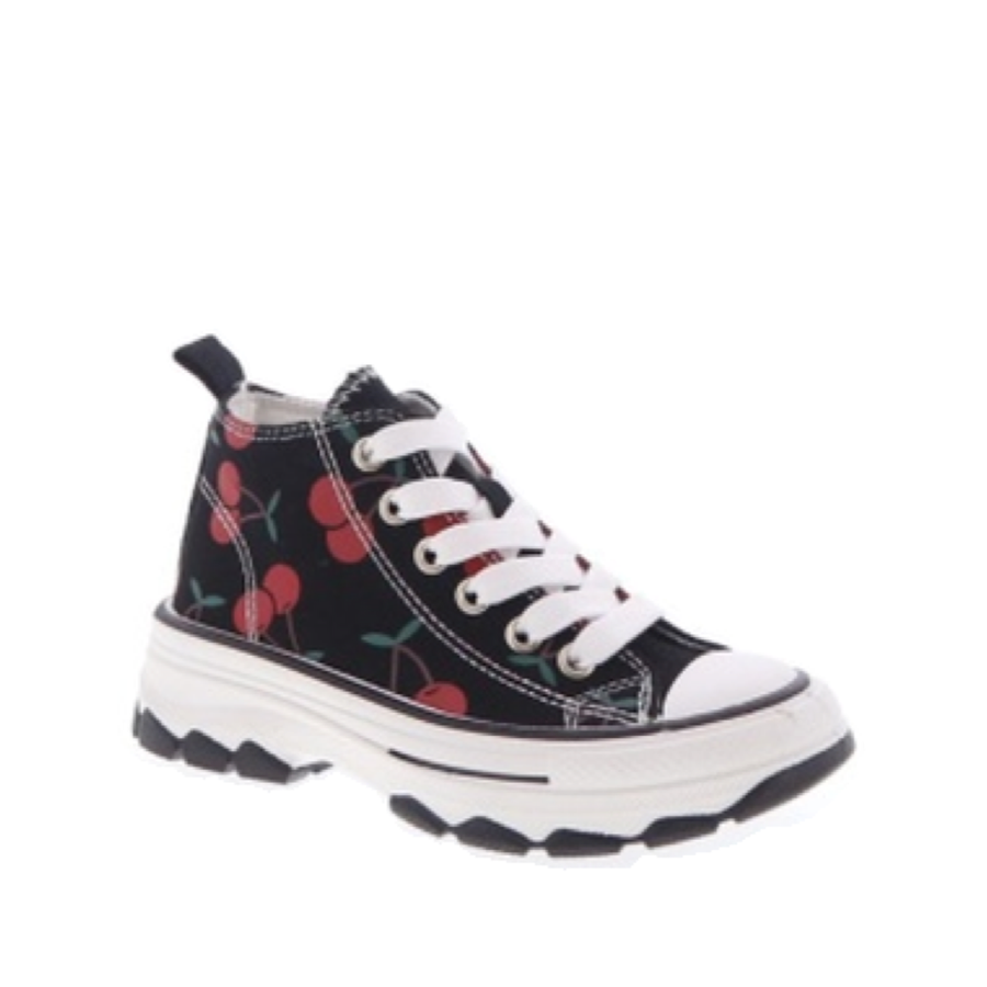 Pattern Canvas Lace Up Kids Sporty Sneaker (BLACK)