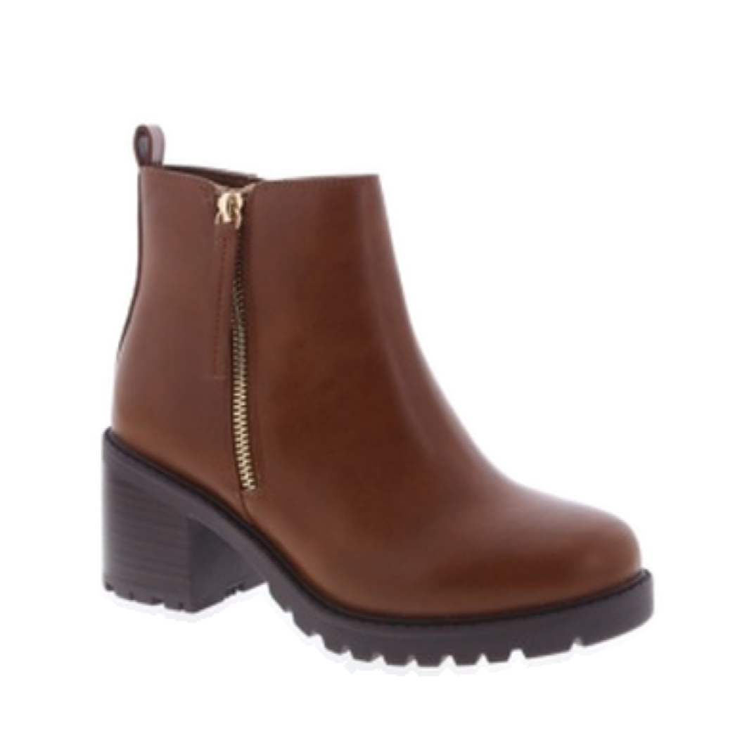 Side Zipper Lug Sole Ankle Bootie (TAN)