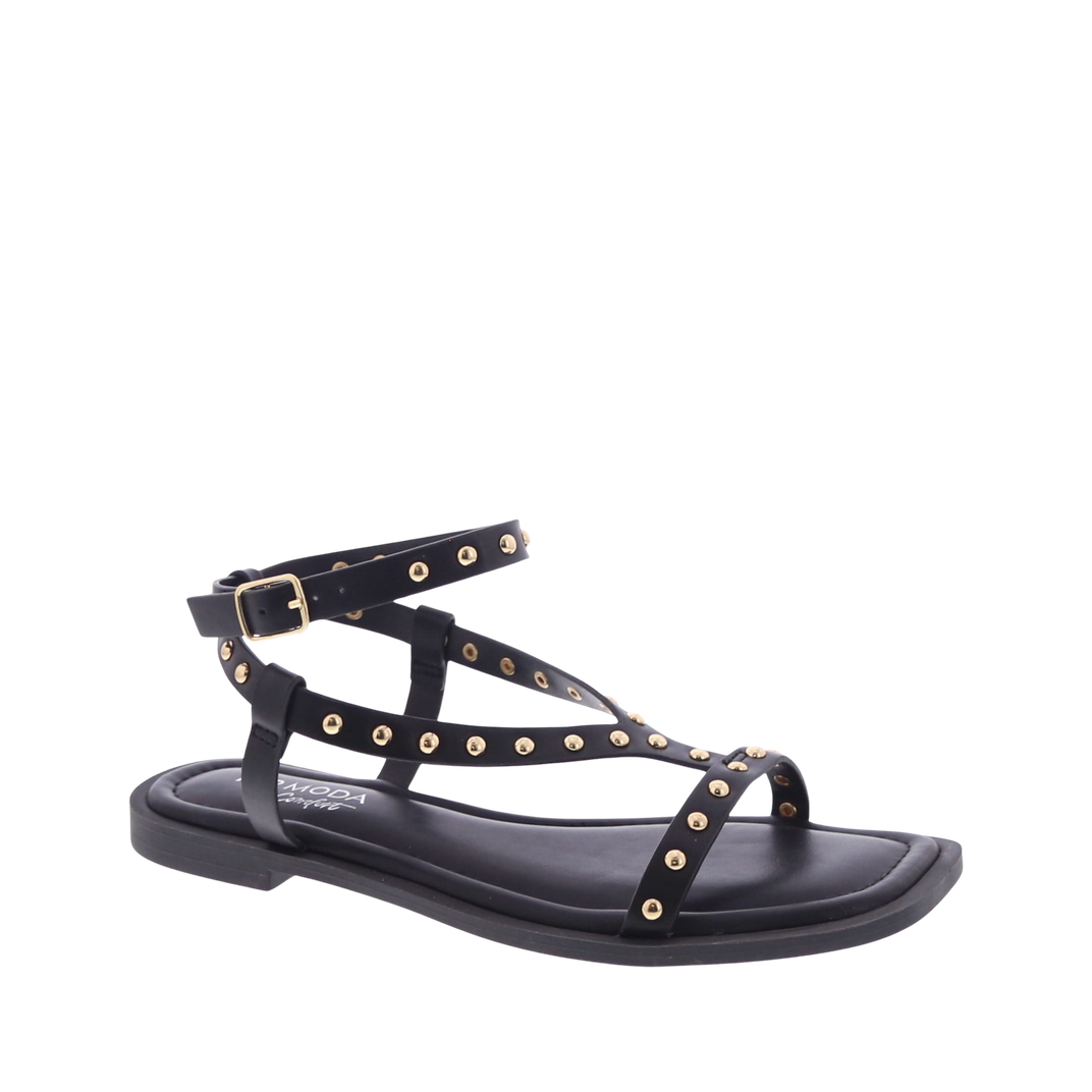 Studded Straps Buckled Sandal (BLACK)