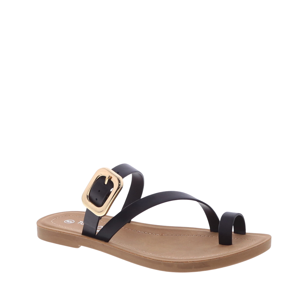 Rectangle Buckle Slim Strap Sandal (BLACK)